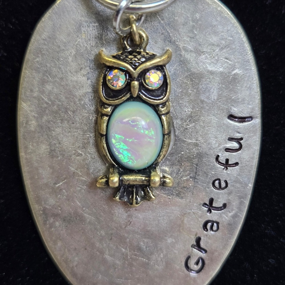 Spoon Pendant Necklace, Owl‎ Charm, Iridescent stone/rhinestones, 28" Chain